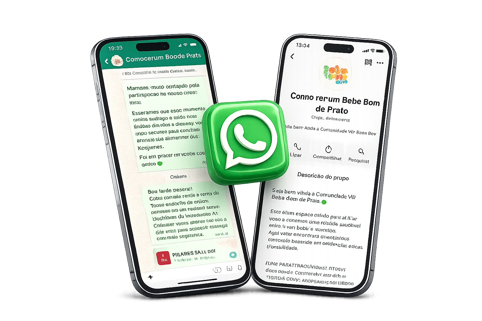 Comunidade Bebê Bom de Prato no WhatsApp exibida em celulares