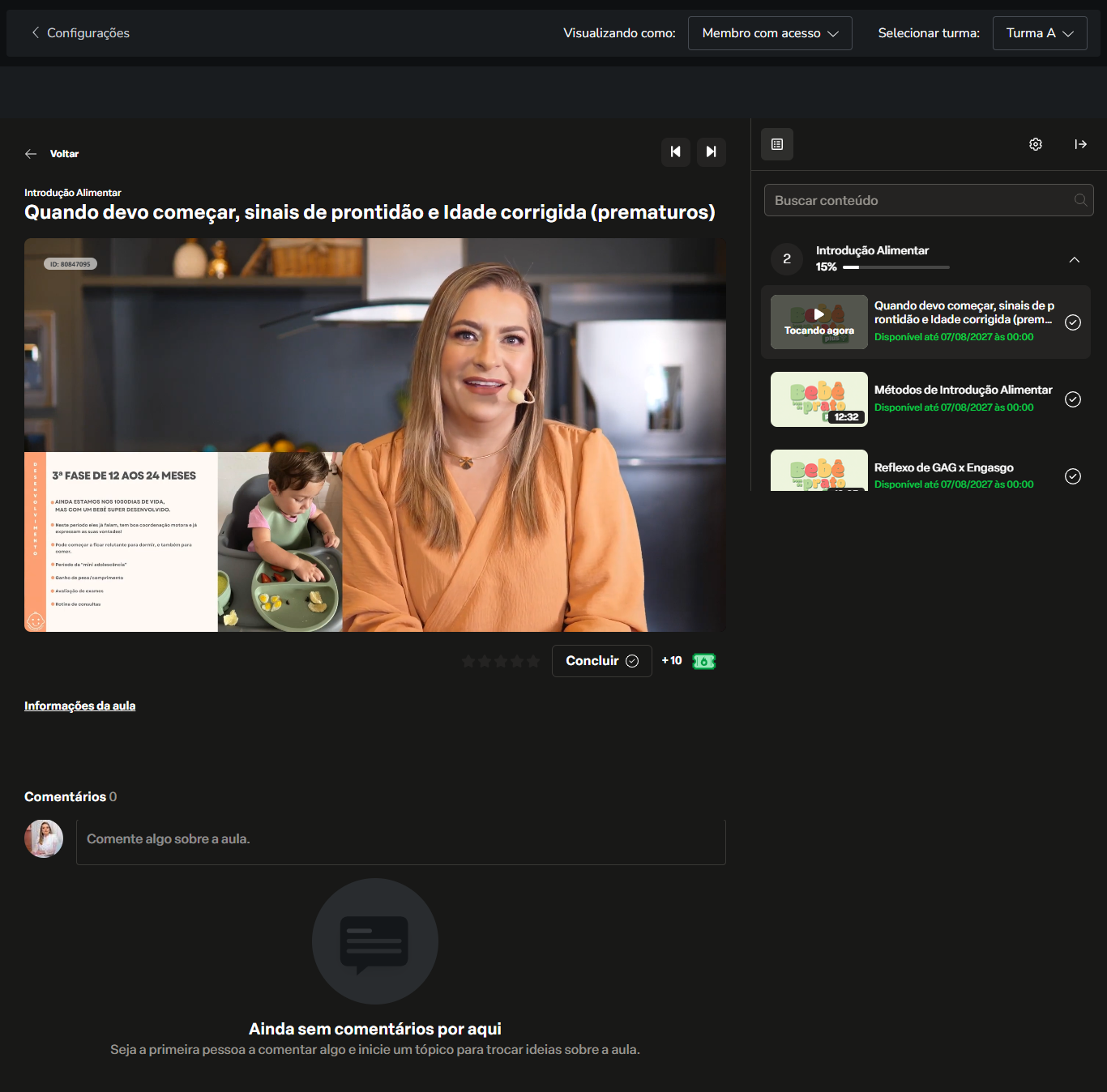 Área de membros: player de aula com conteúdo em vídeo